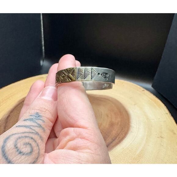 Handmade Vintage Navajo Etched Cuff Bracelet – 14K Gold Fill, Sterling Silver - Picture 8 of 10